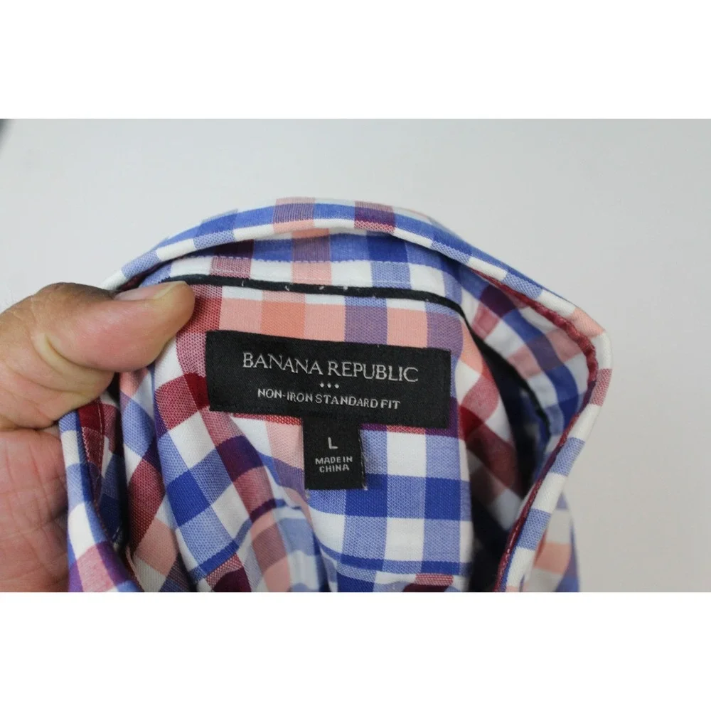 Banana Republic Men Blue Casual Button Down Plaid Long Sleeve Collar Size Large